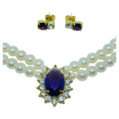 Pre-owned Avon Vintage Gold Tone Pearls Amethyst Glass Rhinestones Necklace Earrings Set In Purple