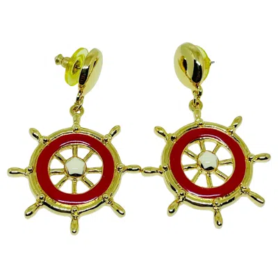 Pre-owned Avon Vintage Gold Tone Red Enamel Nautical Designer Drop Earrings