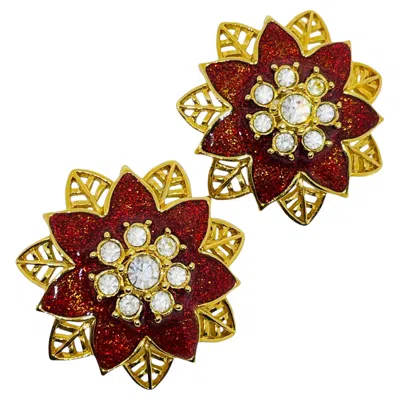 Pre-owned Avon Vintage Gold Tone Red Enamel Rhinestone Flower Designer Clip On Earrings