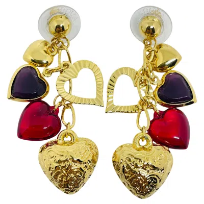 Pre-owned Avon Vintage Gold Tone Red Multi Heart Designer Drop Earrings