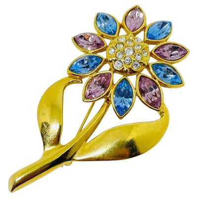 Pre-owned Avon Vintage Gold Tone Rhinestone Flower Designer Brooch In Multi