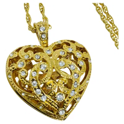 Pre-owned Avon Vintage Gold Tone Rhinestone 'open Pave Heart' Designer Chain Necklace In Multi