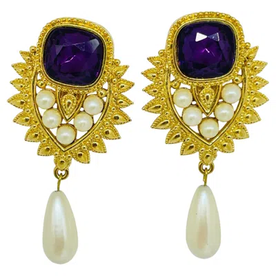 Pre-owned Avon Vintage Shiall Jhaveri For  Signed Gold Amethyst Pearls Designer Earrings In Purple