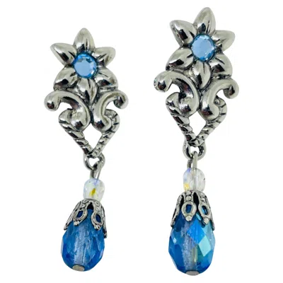Pre-owned Avon Vintage Silver Tone Blue Crystal Dangle Designer Pierced Earrings