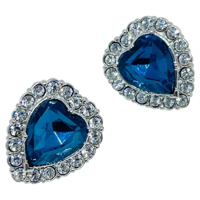 Pre-owned Avon Vintage Silver Tone Sapphire Blue Heart Designer Pierced Earrings