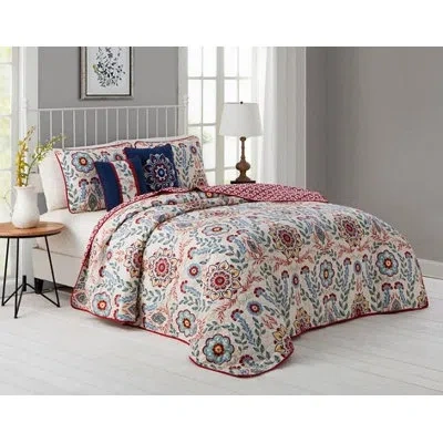 Avondale Manor Reversible Quilt Set In Cream,red,sky Blue