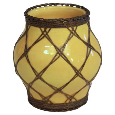 Pre-owned Awaji Pottery Japanese Scholar's Desk Yellow Brush Pot/pencil Cup Bronze Weave