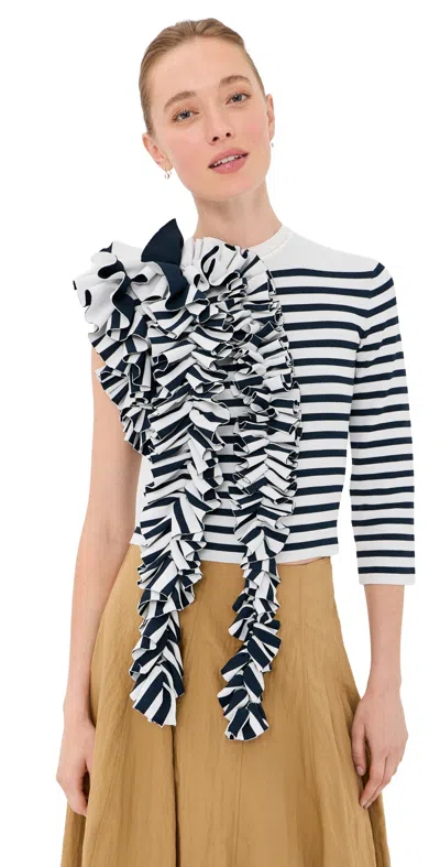 A.w.a.k.e. A. W.a. K.e. Mode Fitted Knit Top With Ruffles White/navy Striped In Black