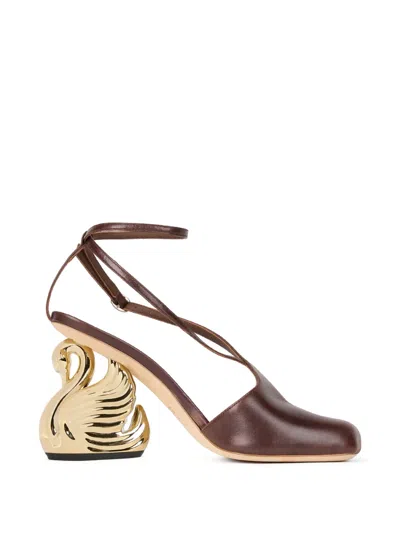 A.w.a.k.e. Christine Swan-heel Asymmetric Sandals In Brown