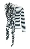A.w.a.k.e. Knitted Stripe Ruffle Fitted Top In White