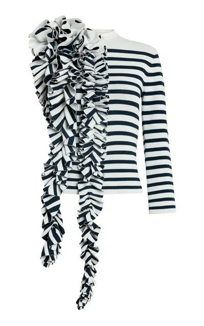 A.w.a.k.e. Knitted Stripe Ruffle Fitted Top In White