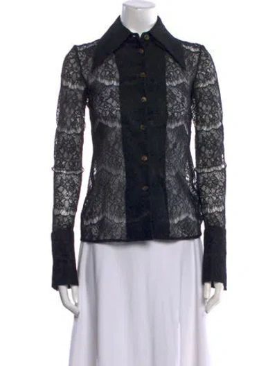 Pre-owned A.w.a.k.e. Lace Pattern Long Sleeve Button-up Top In Black