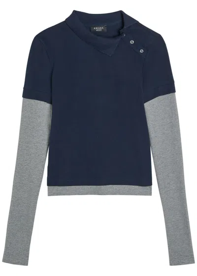 A.w.a.k.e. A.w.a.k.e Mode Asymmetric-collar Layered Piqué Cotton Polo Shirt In Blue