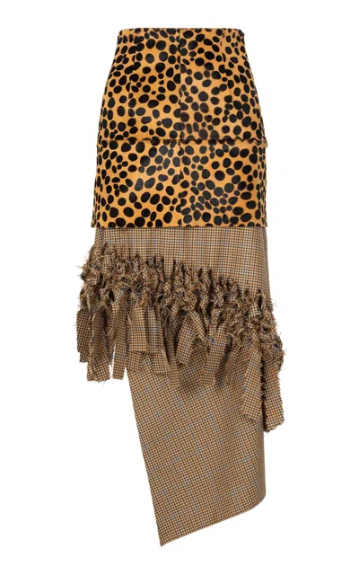 A.w.a.k.e. Mode Layered Leather-wool Midi Skirt In Brown