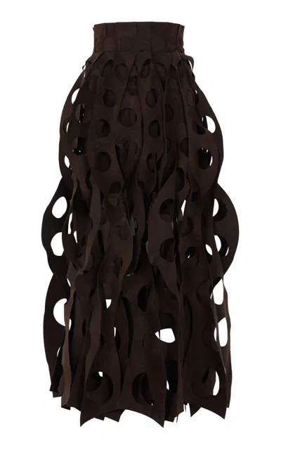 A.w.a.k.e. Mode Multi-panel Perforated Twill Maxi Skirt In Brown