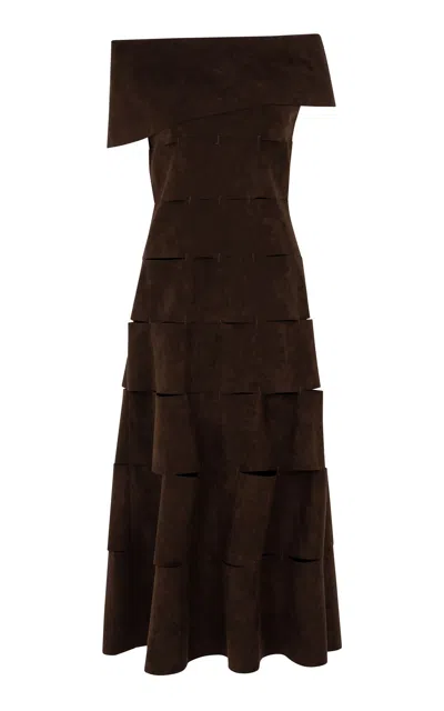 A.w.a.k.e. Mode Open Shoulder Twill Midi Dress In Brown