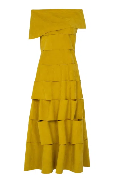 A.w.a.k.e. Mode Open Shoulder Twill Midi Dress In Yellow