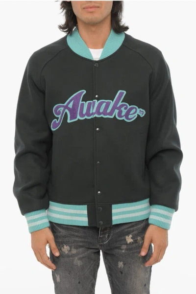 Awake New York Wool Varsity Bomber Jacket With Ribbed Edges In Grey