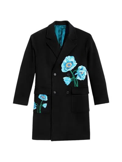 Awake Ny Floral-embroidered Double-breasted Overcoat In Black