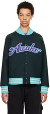 Awake Ny Gray Embroidered Varsity Jacket In Charcoal