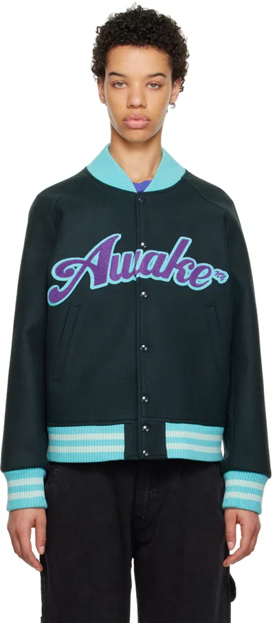 Awake Ny Gray Embroidered Varsity Jacket In Charcoal