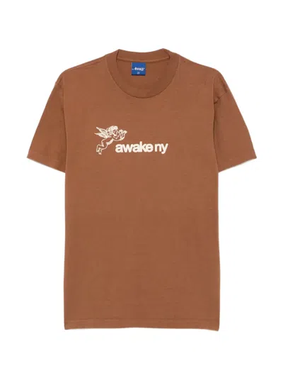 Awake Ny Logo-print Cherub-pattern T-shirt In Brown