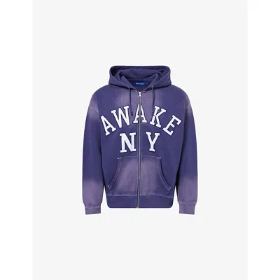 Awake Ny Mens Navy Logo-embroidery Faded Zip-through Cotton-jersey Hoody In Blue