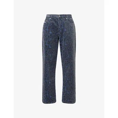 Awake Ny Mens Navy Leopard-print Straight-leg Corduroy Trousers In Blue