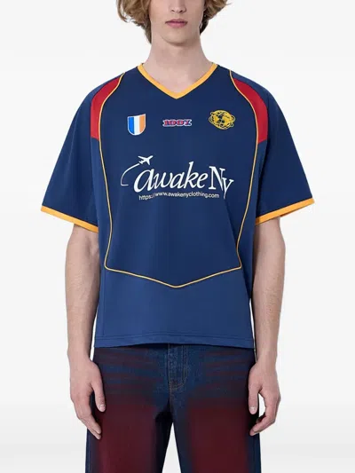 Awake Ny Mens Blue Football Logo-patch Jersey T-shirt