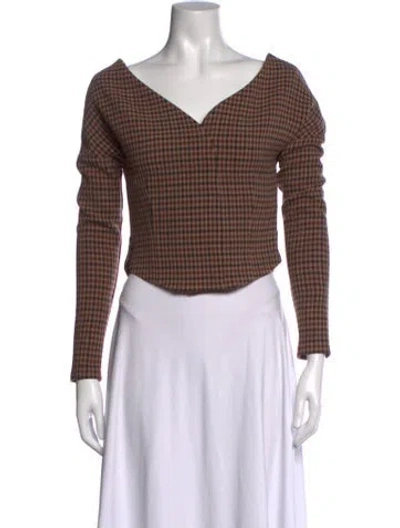 Pre-owned A.w.a.k.e. Plaid Print V-neck Top In Brown