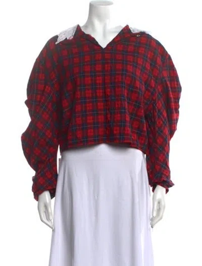Pre-owned A.w.a.k.e. Plaid Print V-neck Top In Red
