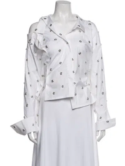 Pre-owned A.w.a.k.e. V-neck Long Sleeve Button-up Top W/ Tags In White