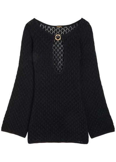 Away That Day Bimini Open-knit Cotton Mini Dress In Black