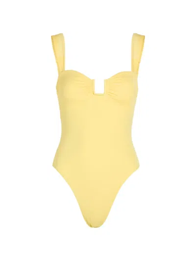 Away That Day Cannes Ruched Sweetheart-neck Swimsuit In Yellow