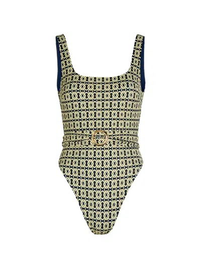 Away That Day Cayman Printed Belted Swimsuit In Yellow