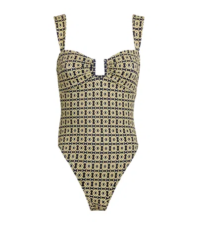 Away That Day Geometric Print Cannes Swimsuit In Green