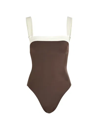 Away That Day Grenada Colour-block Square-neck Swimsuit In Brown