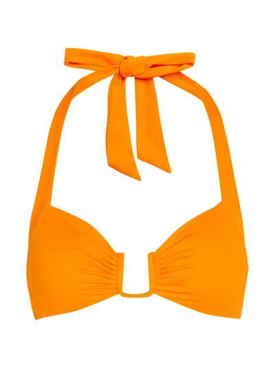 Away That Day Ruched U-bar Bikini Top In Orange