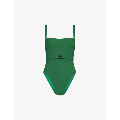 Away That Day Womens Emerald Green Texture Hamptons Belted-waist Stretch-recycled Polyamide Swimsuit