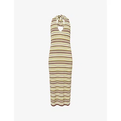 Away That Day Womens 70s Stripe Cape Town Halter-neck Crochet Maxi Dress Xs In Yellow