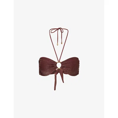 Away That Day Womens  Acapulco Ring-hardware Halterneck Bikini Top In Copper Shimmer Lurex