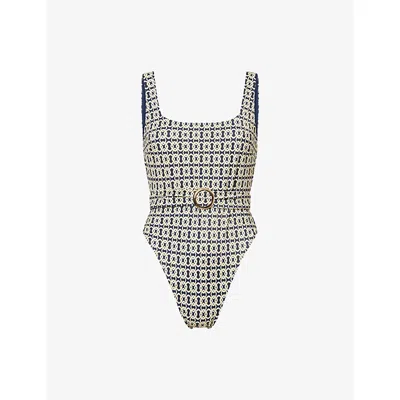 Away That Day Womens Navy/ Gold Link Print Cayman Island Swimsuit Xs In Multi