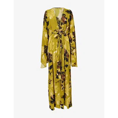 Away That Day Womens Chartreuse Floral Print Floral-print Morocco Kaftan Xs In Green