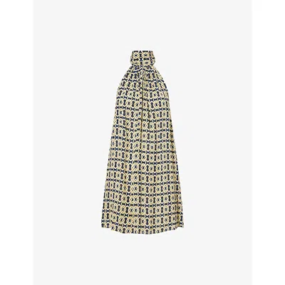 Away That Day Womens Navy/ Gold Link Print Ibiza Printed Woven Mini Dress L/xl In Blue