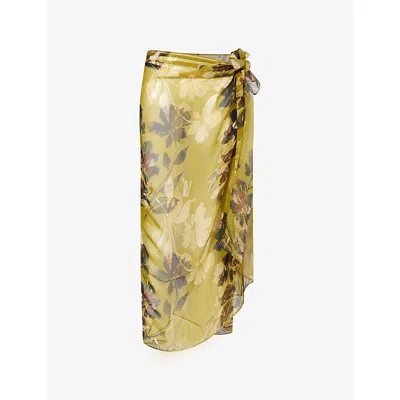 Away That Day Womens Chartreuse Floral Print Santorini Woven Sarong In Gold