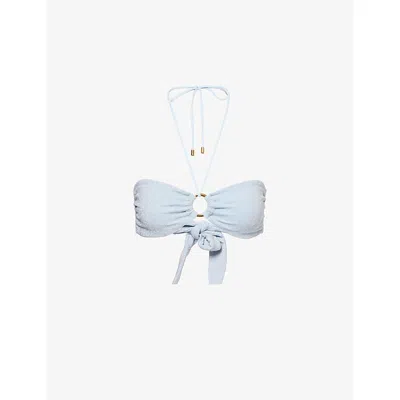 Away That Day Womens Acapulco Ring-hardware Halterneck Bikini Top Ice Blue Lurex