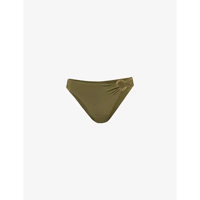 Away That Day Womens  Acapulco Ring-hardware High-cut Bikini Bottoms In Olive Green Shine