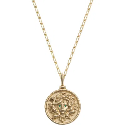 Awe Inspired 14k Gold Emerald Medusa Pendant Necklace