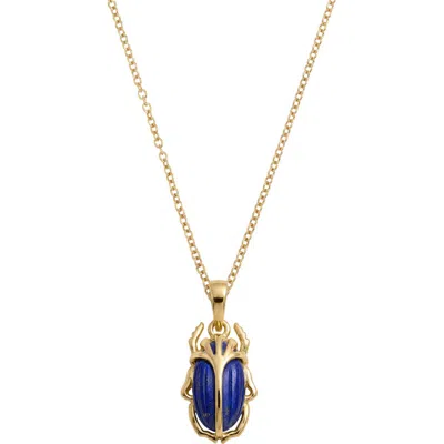 Awe Inspired Carved Death Beetle Gemstone Pendant Necklace In Metallic Gold/lapis