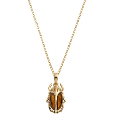 Awe Inspired Carved Death Beetle Gemstone Pendant Necklace In Metallic Gold/tigers Eye